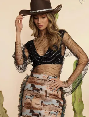 Glitter Rhinestone Fishnet Crop Top – Festival-Ready Sparkle