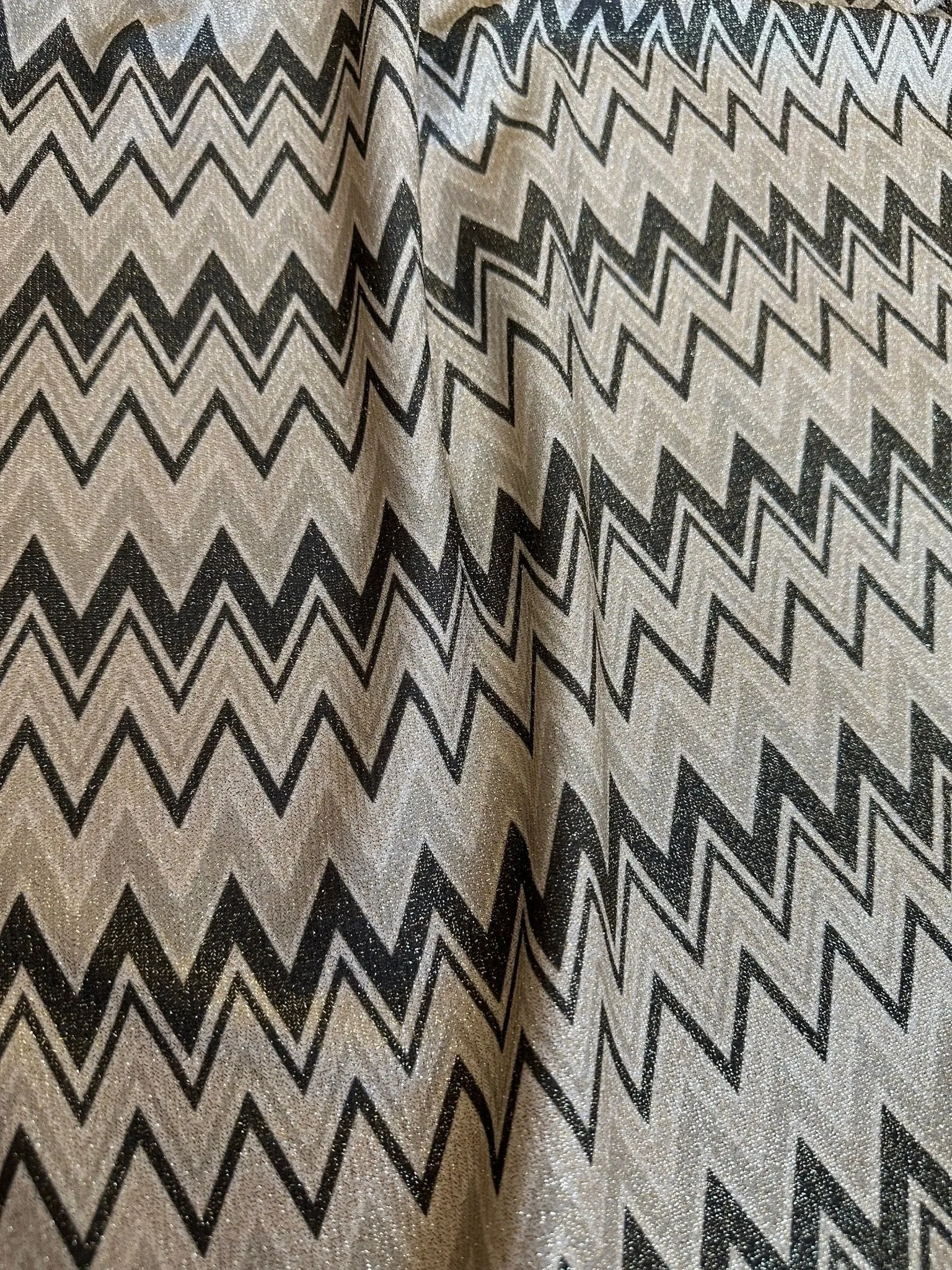 Gold Lurex Glitter Fabric - 4-Way Stretch Black Gray Zigzag Pattern