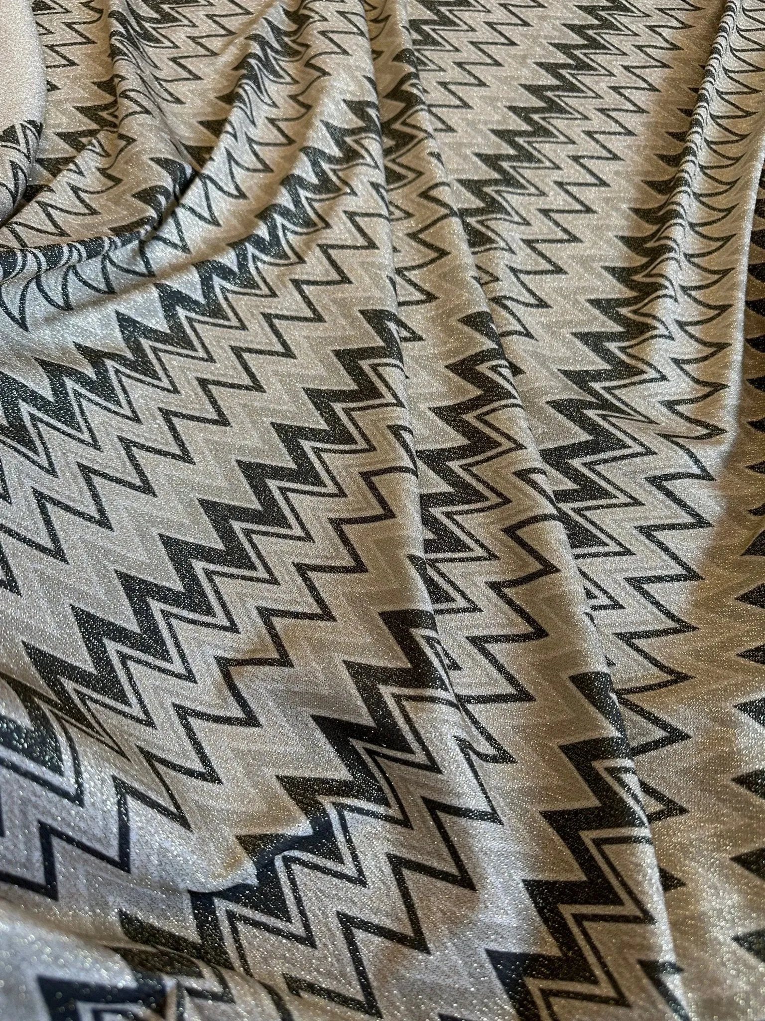 Gold Lurex Glitter Fabric - 4-Way Stretch Black Gray Zigzag Pattern