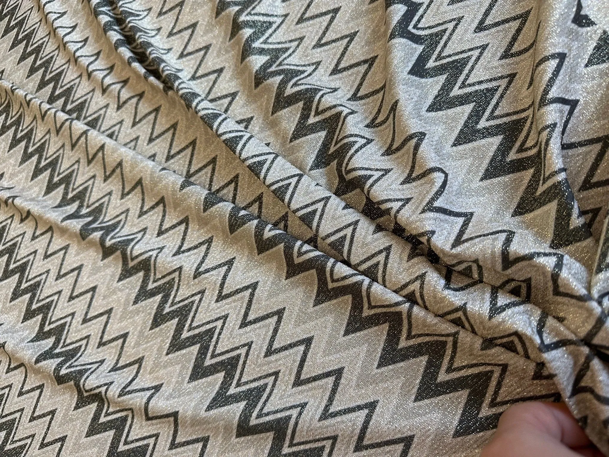 Gold Lurex Glitter Fabric - 4-Way Stretch Black Gray Zigzag Pattern