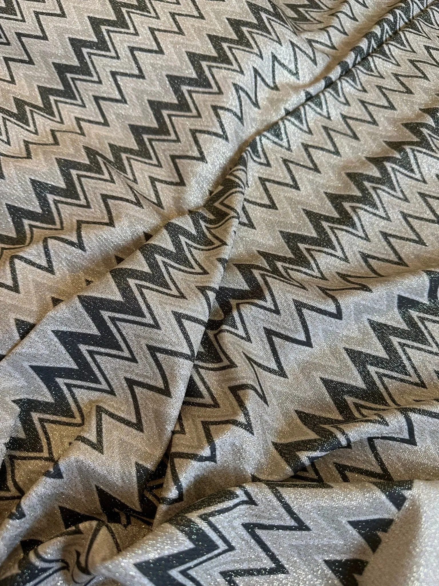 Gold Lurex Glitter Fabric - 4-Way Stretch Black Gray Zigzag Pattern