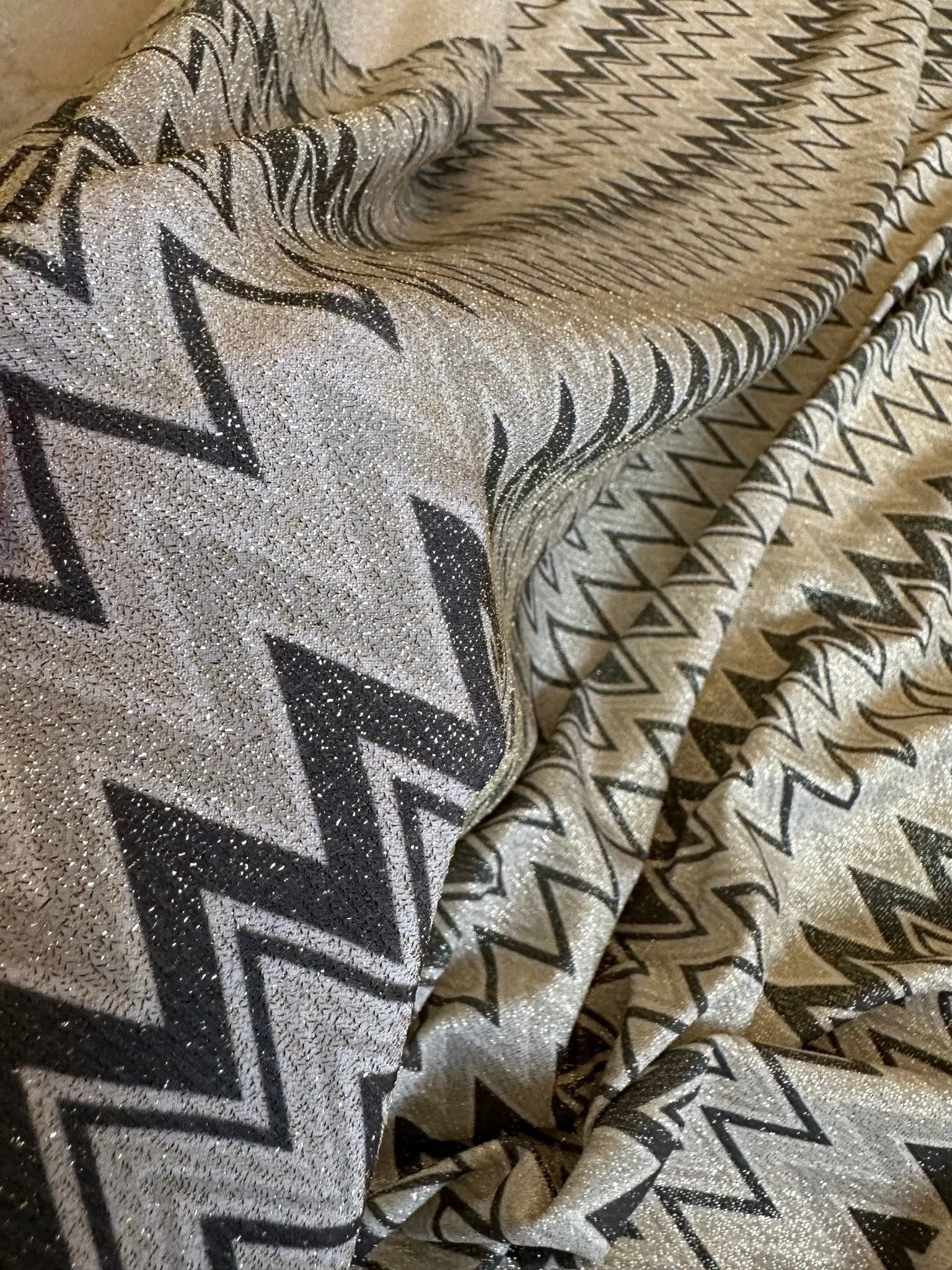 Gold Lurex Glitter Fabric - 4-Way Stretch Black Gray Zigzag Pattern