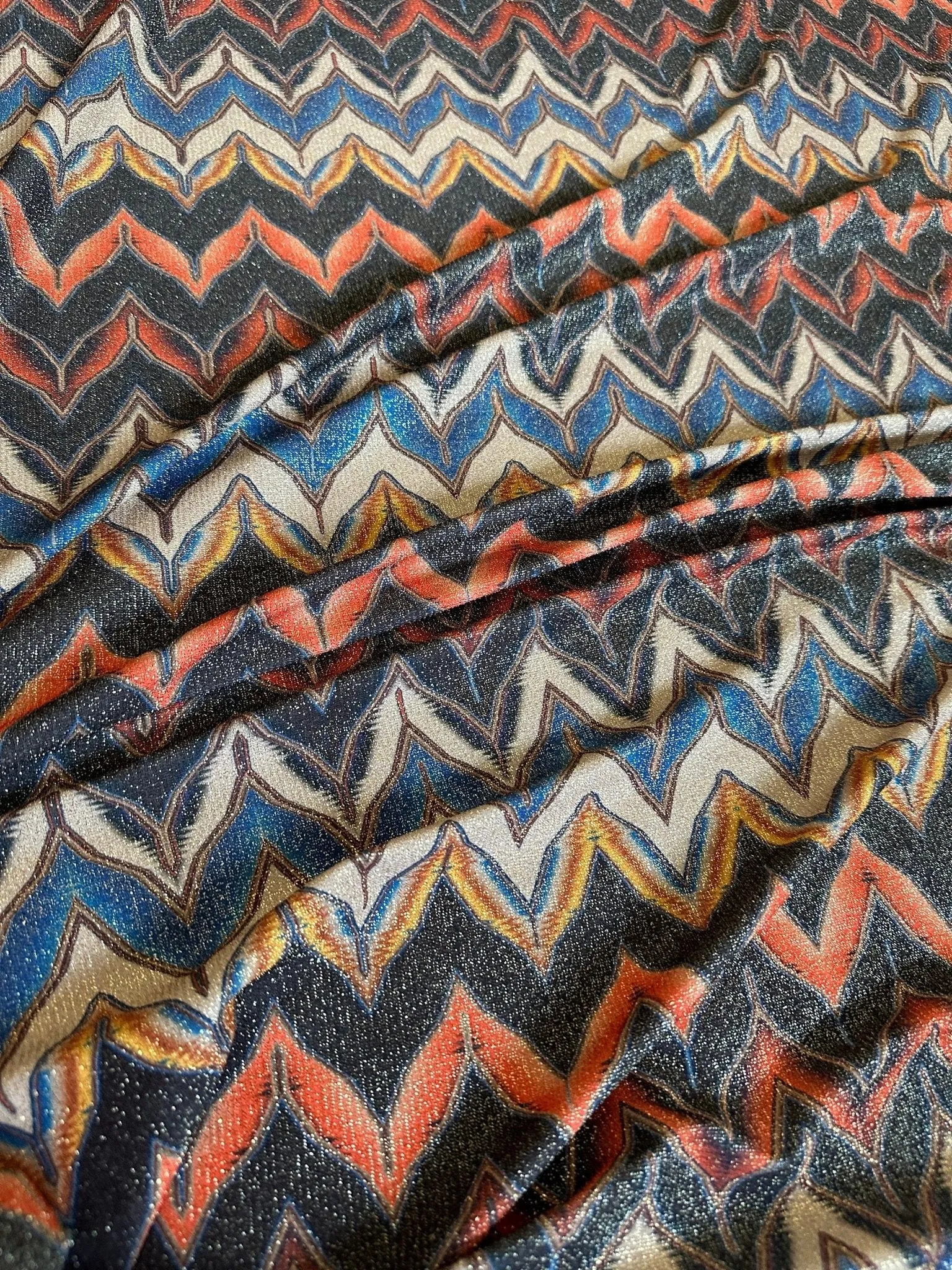 Gold Lurex Glitter Fabric - 4-Way Stretch Black  Orange Zigzag Pattern