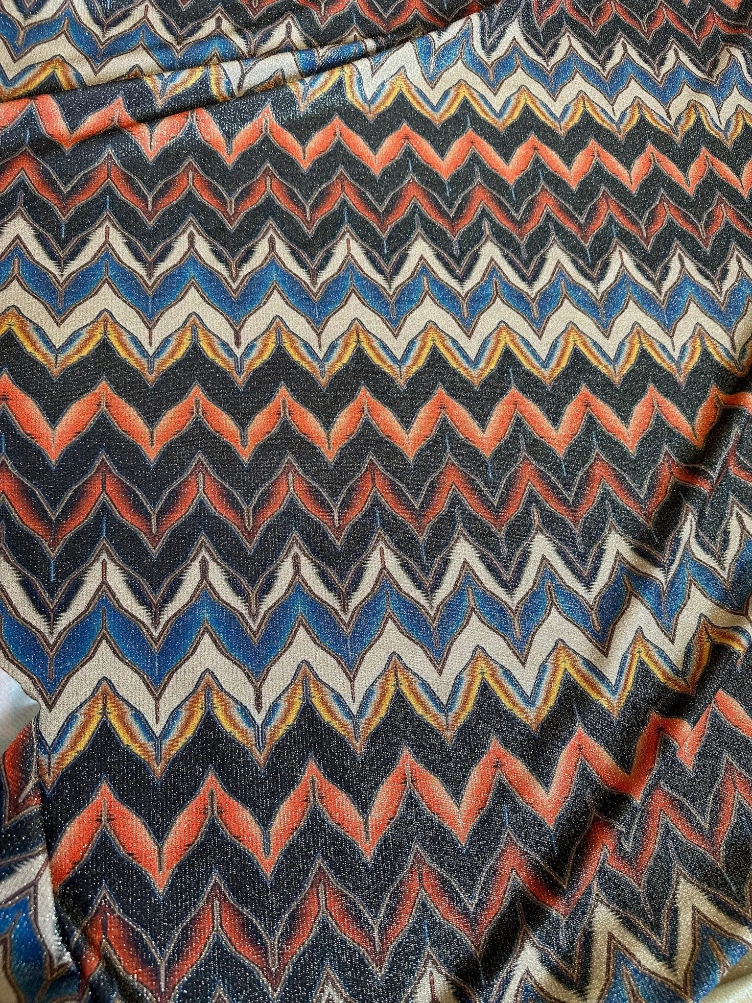 Gold Lurex Glitter Fabric - 4-Way Stretch Black  Orange Zigzag Pattern