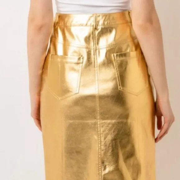 Gold Metallic Front Split Midi Skirt Size S NWT