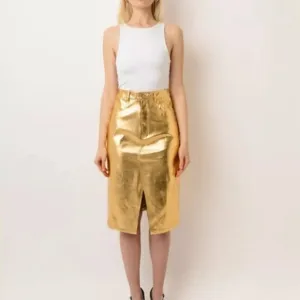 Gold Metallic Front Split Midi Skirt Size S NWT