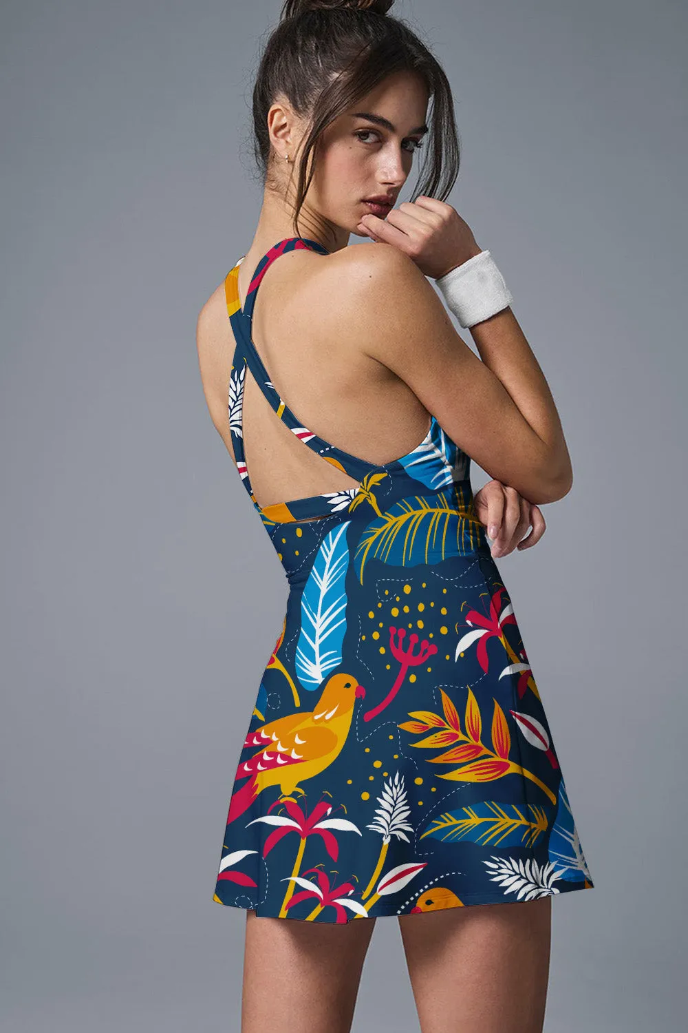 Golden Tropic Bird Print Tennis Dress