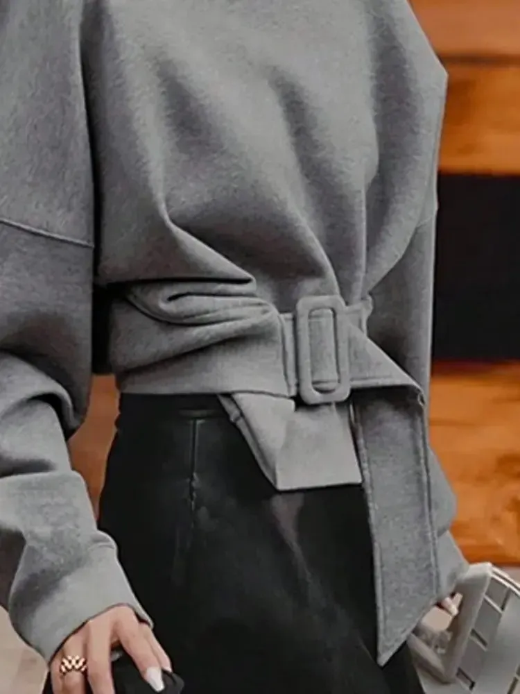 Gray Loose Belt Buckle Pullover