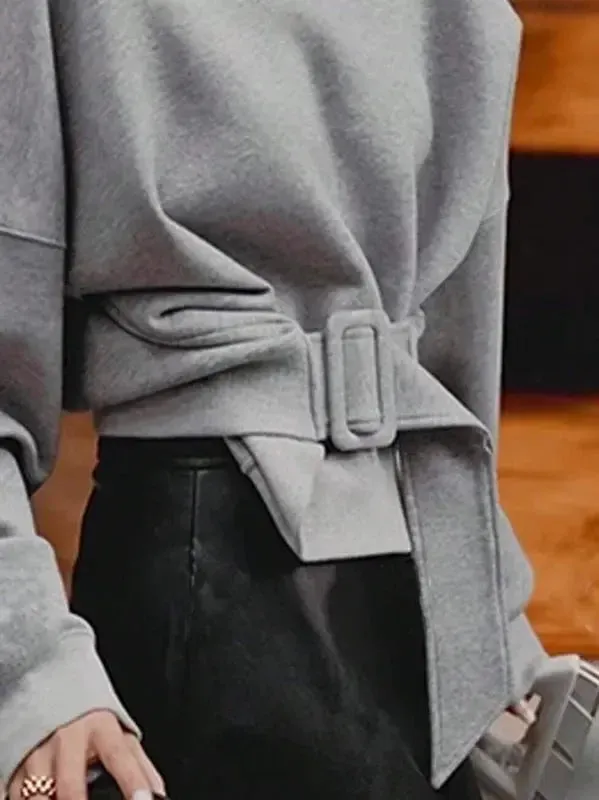 Gray Loose Belt Buckle Pullover