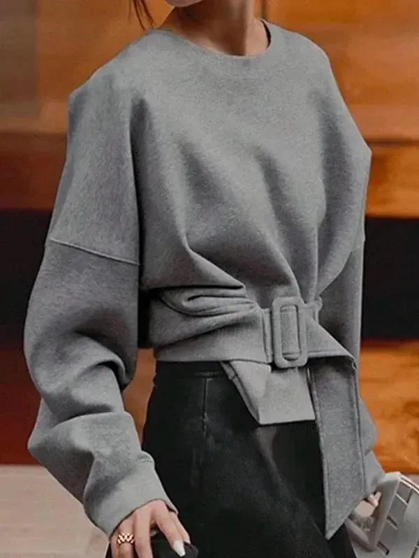 Gray Loose Belt Buckle Pullover