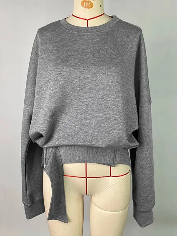 Gray Loose Belt Buckle Pullover