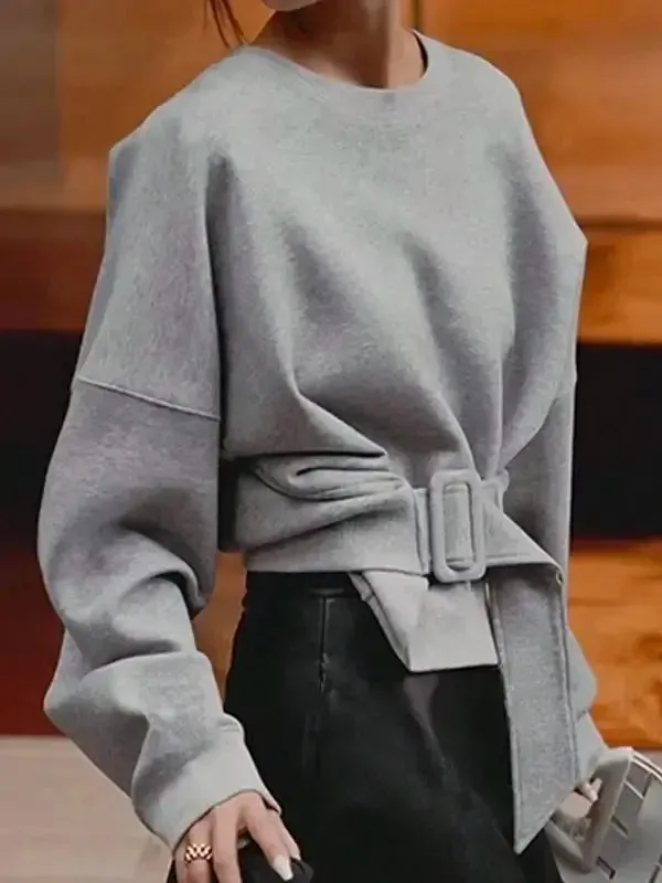 Gray Loose Belt Buckle Pullover