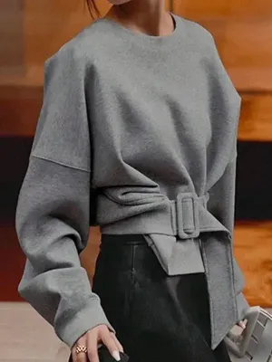 Gray Loose Belt Buckle Pullover