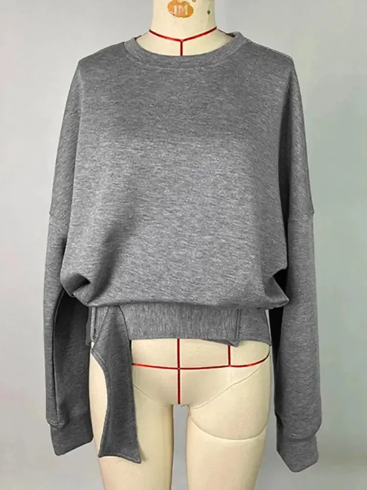 Gray Loose Belt Buckle Pullover