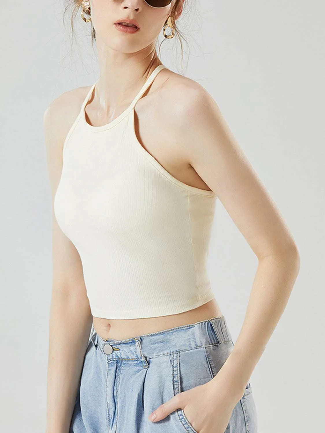 Grecian Neck Cropped Tank with Chest Pads