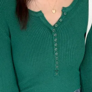 Green Button Down Flat Knit Top
