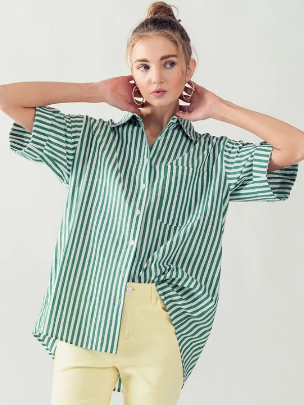Green Button Down High Low Stripe Shirt