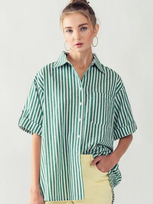 Green Button Down High Low Stripe Shirt