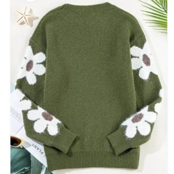 Green floral crewneck sweater