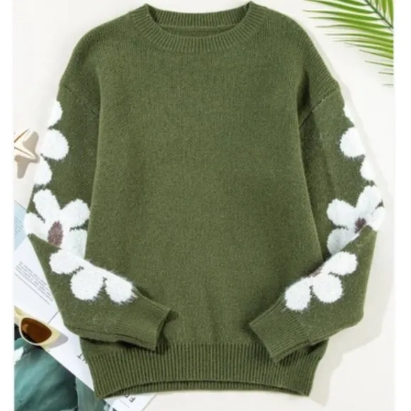 Green floral crewneck sweater