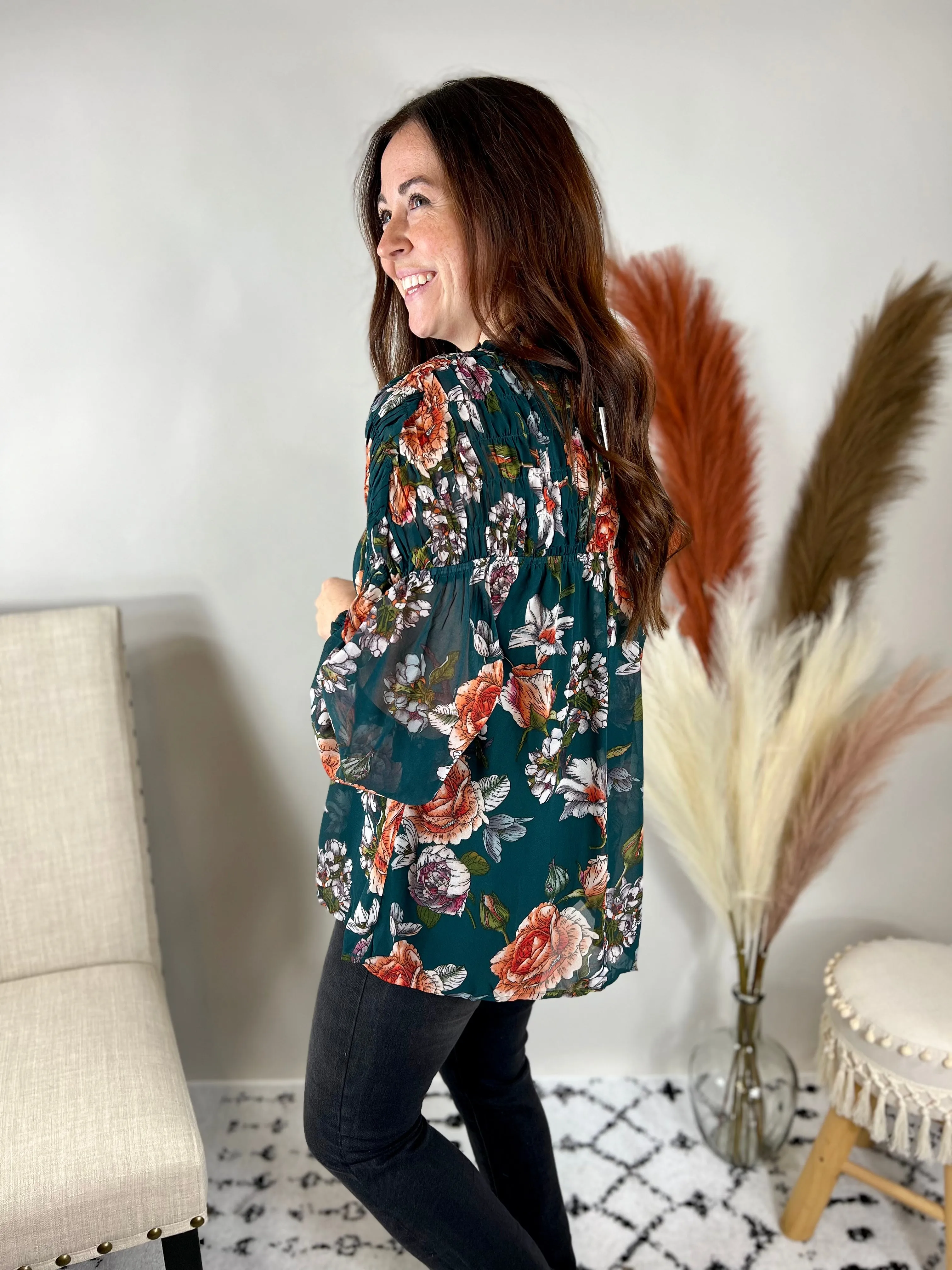 Green Florals Smocked Detail Top