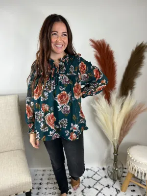 Green Florals Smocked Detail Top