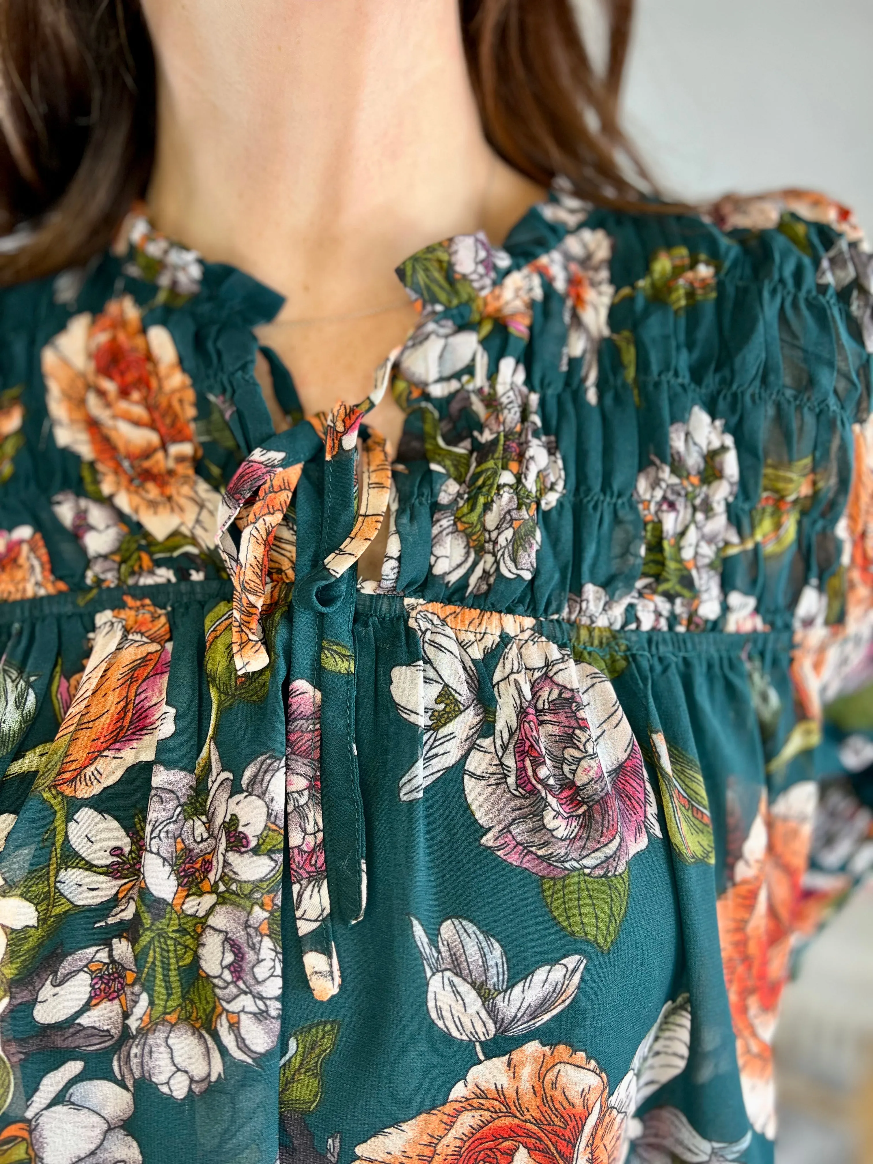 Green Florals Smocked Detail Top