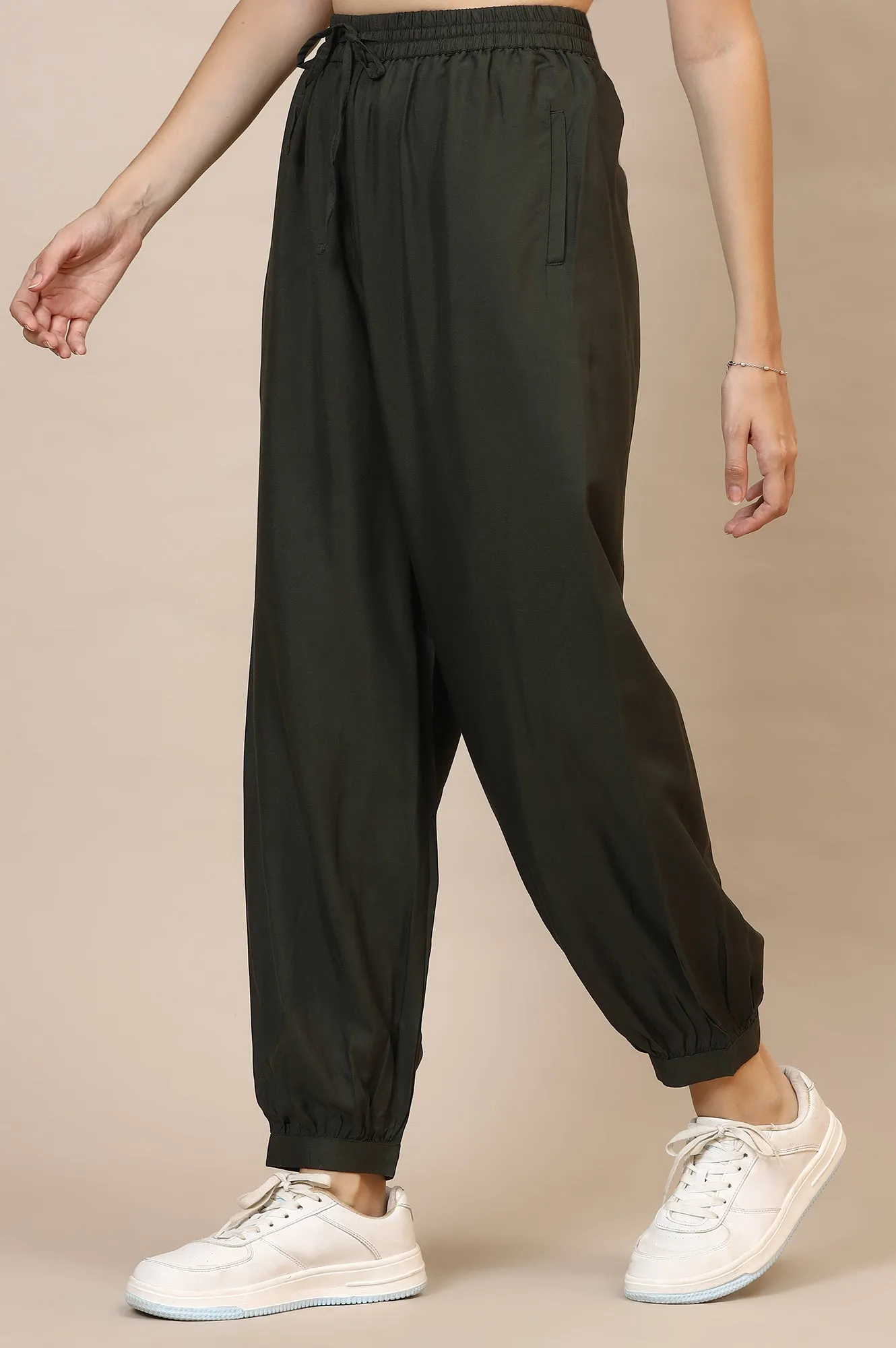 Green Solid Rayon Harem Pants