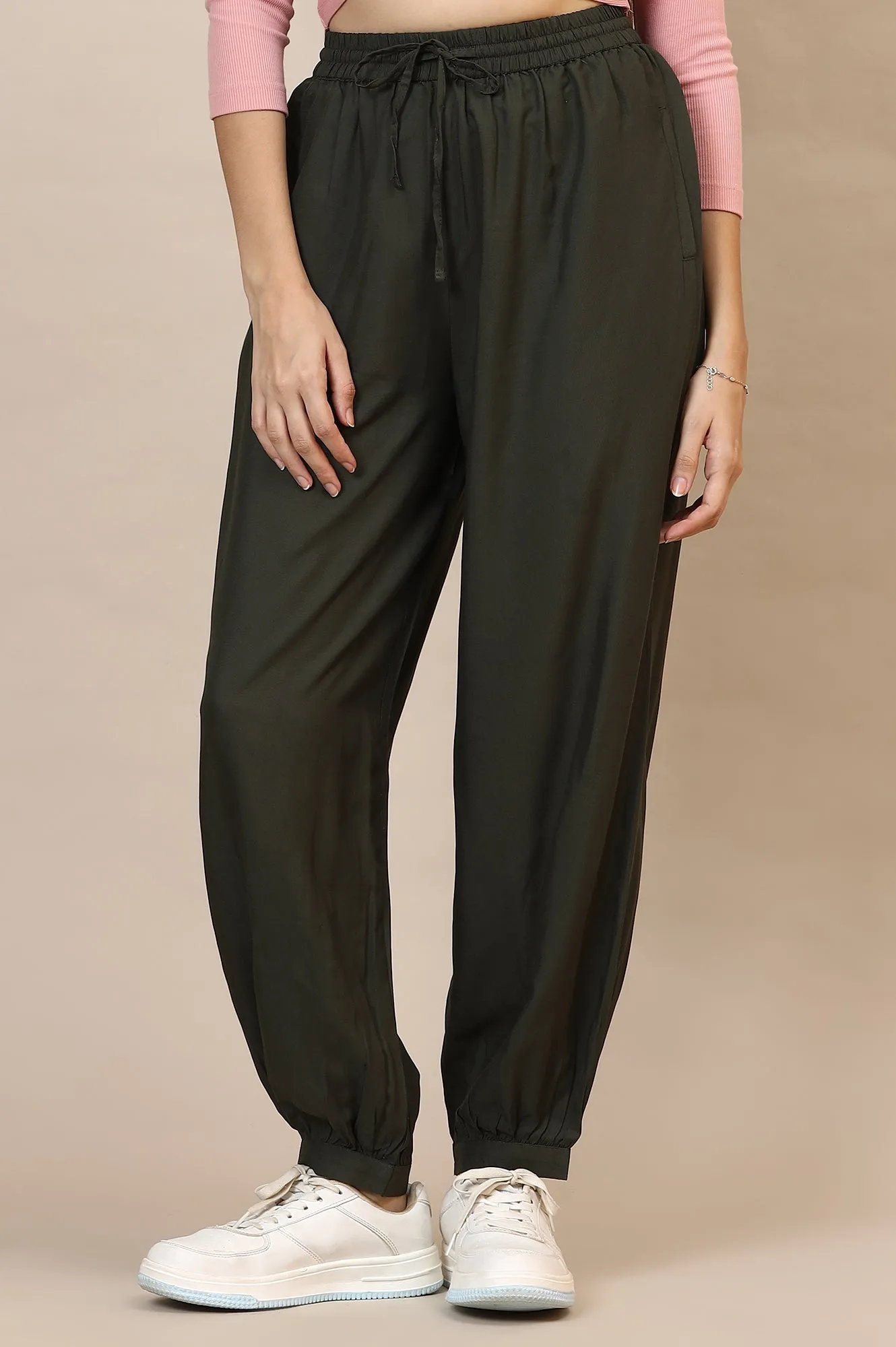 Green Solid Rayon Harem Pants