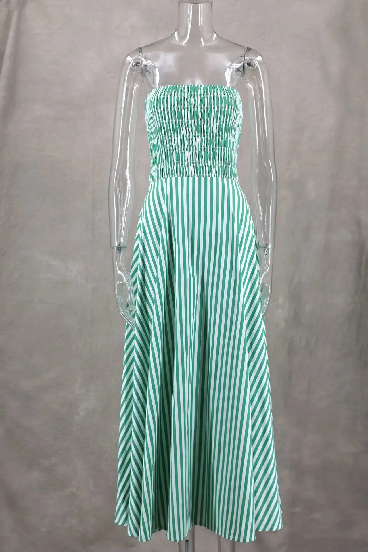 Green Stripes Tube Long Beach Off Shoulder Backless Casual Fashion Bust Elastic Women's Boho Dress