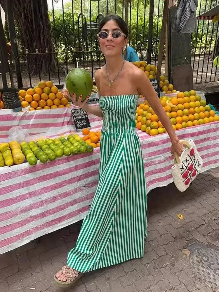 Green Stripes Tube Long Beach Off Shoulder Backless Casual Fashion Bust Elastic Women's Boho Dress