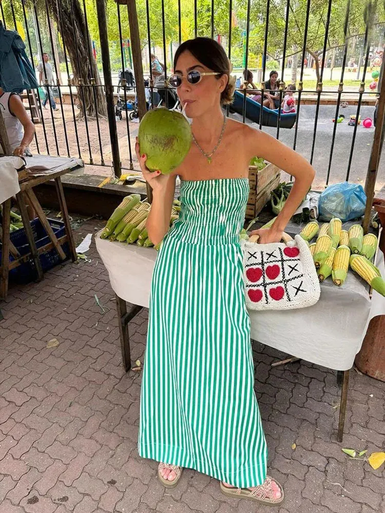 Green Stripes Tube Long Beach Off Shoulder Backless Casual Fashion Bust Elastic Women's Boho Dress