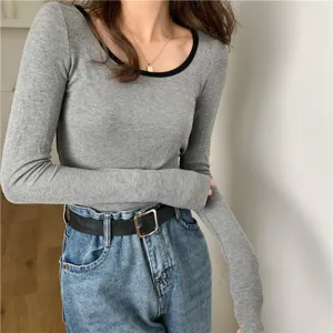 Grey Fitted Full Sleeved Ringer Top