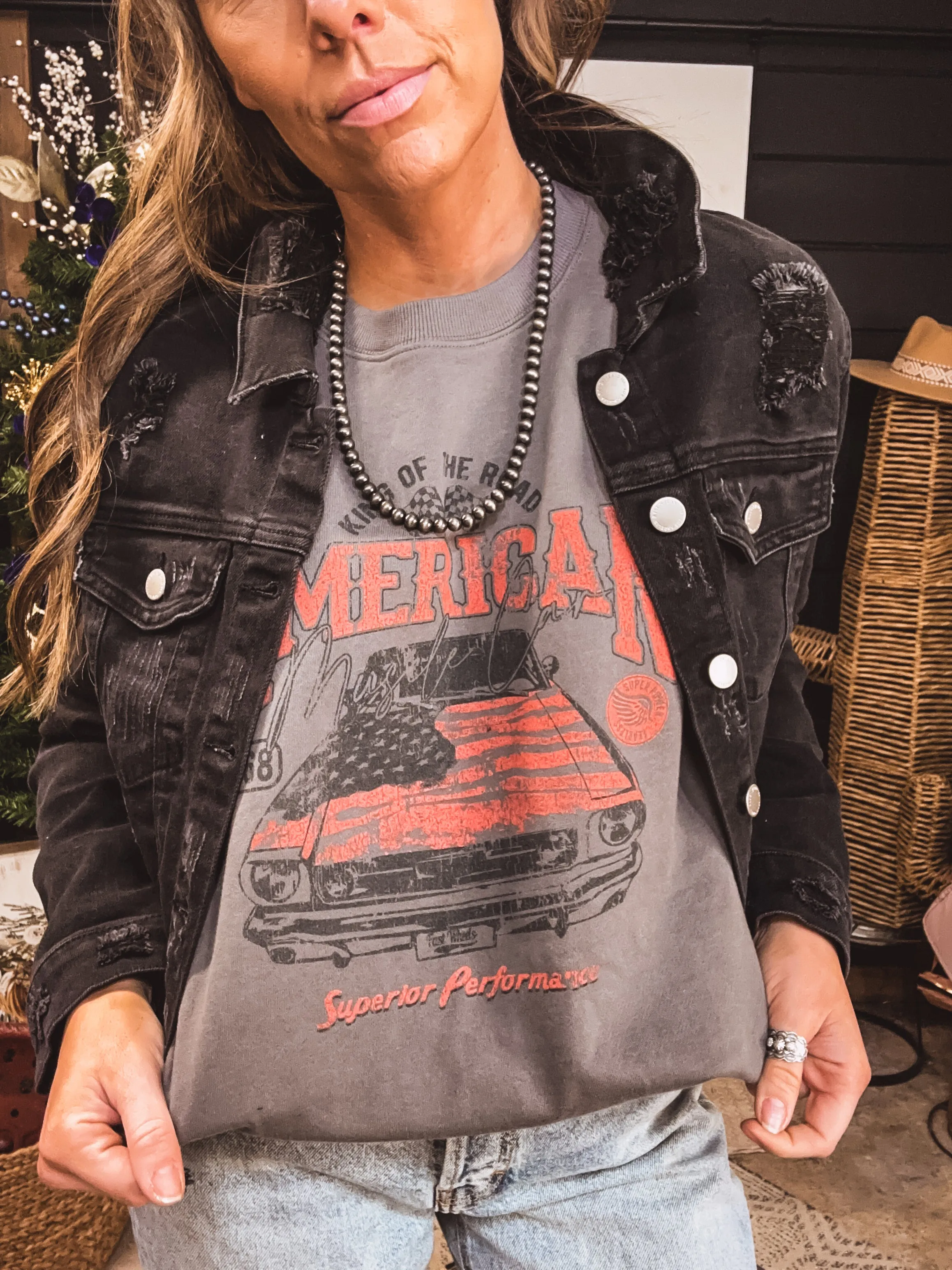 Grey Premium Wash American Graphic Crew