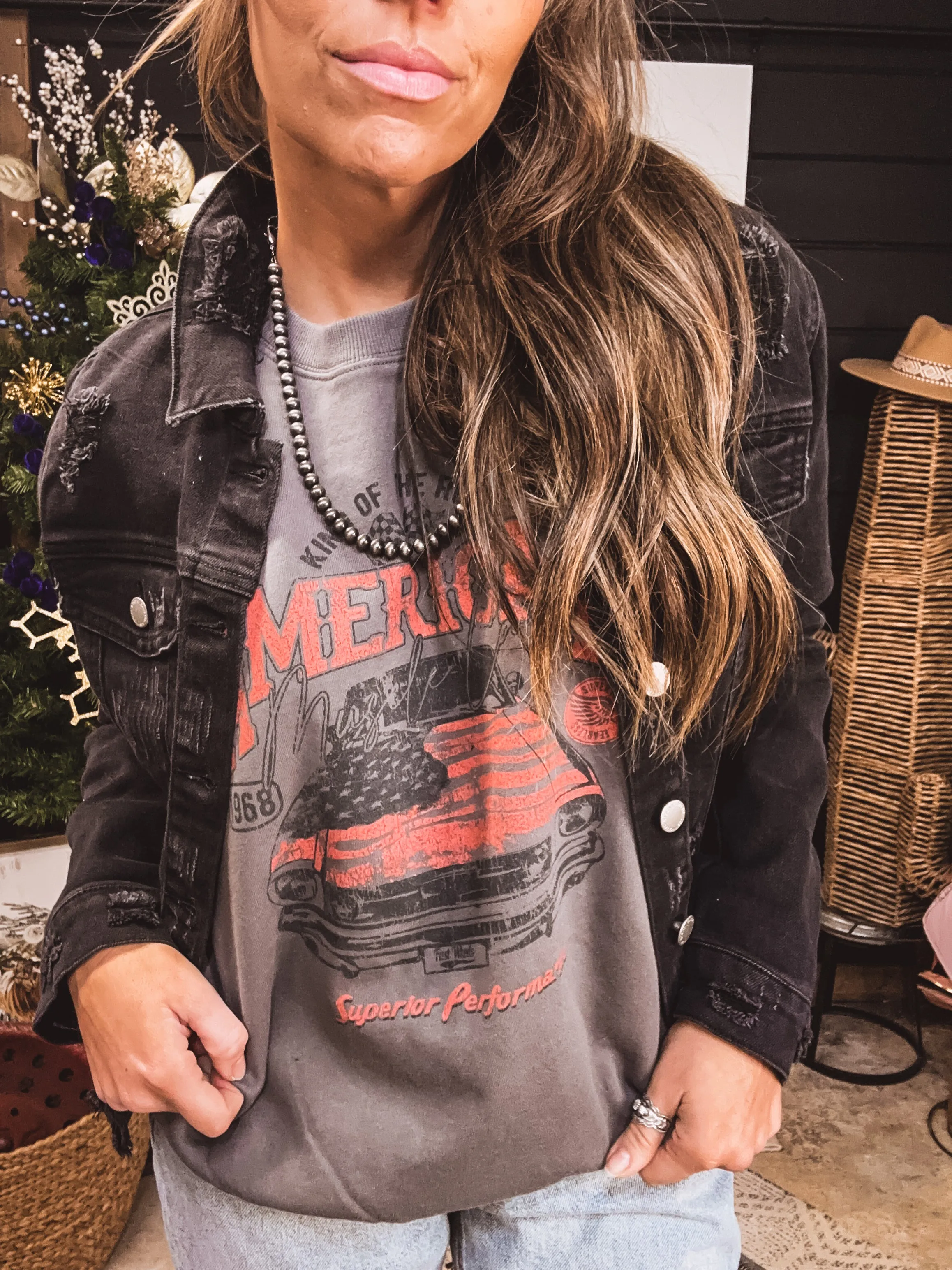 Grey Premium Wash American Graphic Crew