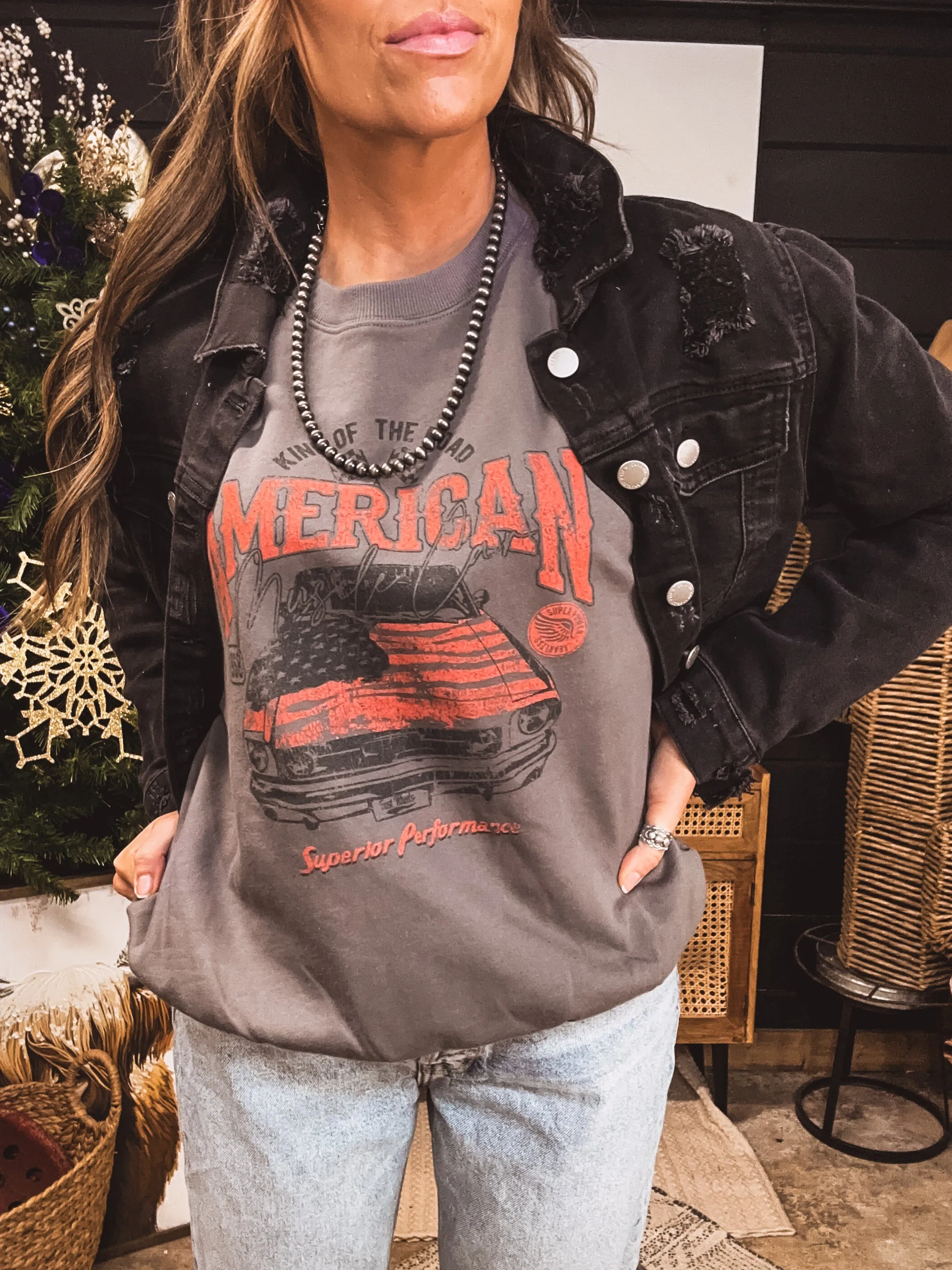 Grey Premium Wash American Graphic Crew
