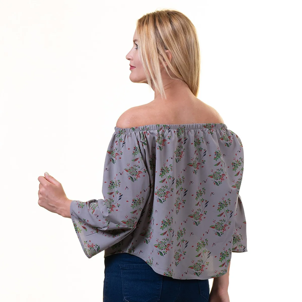 Grey With Multicolor Long Sleeve Off the Shoulder Blouse for Women - Going Out Textured Tops for