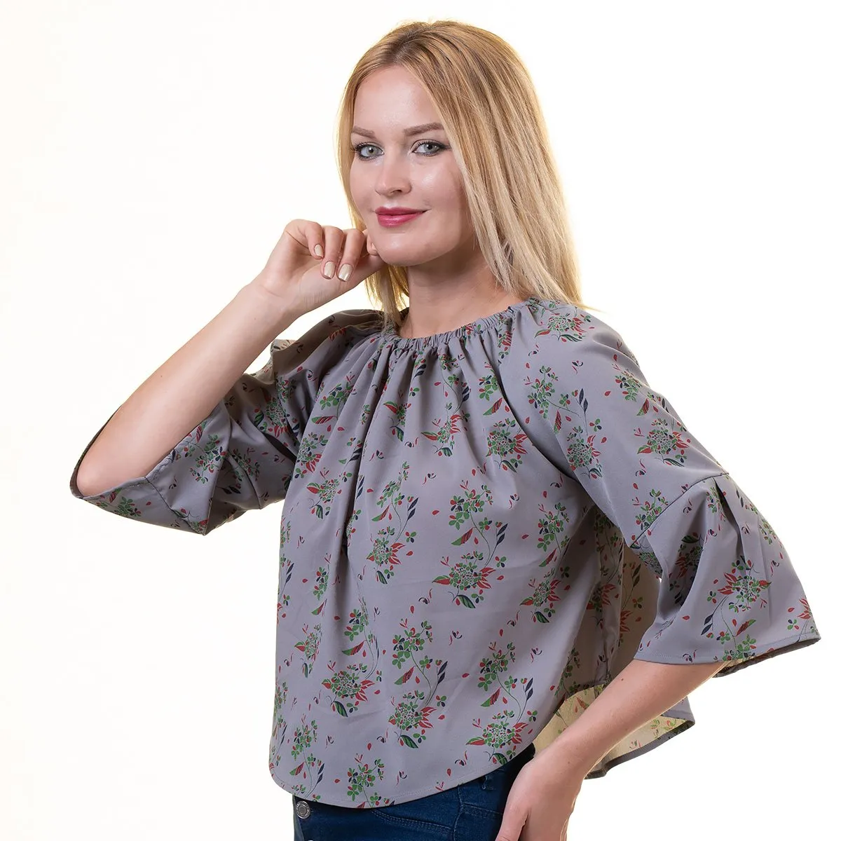 Grey With Multicolor Long Sleeve Off the Shoulder Blouse for Women - Going Out Textured Tops for