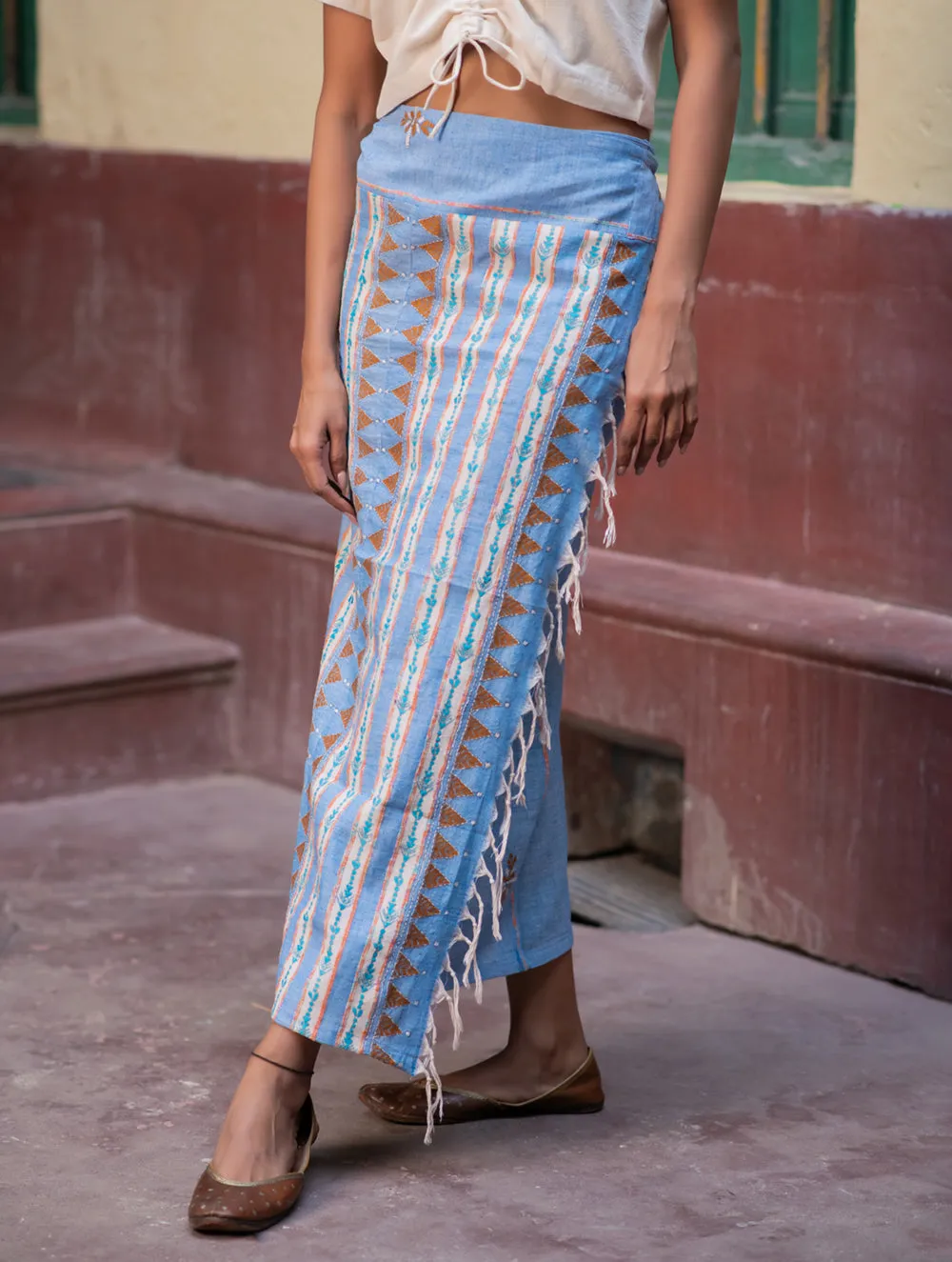 Handwoven Khesh & Kantha Embroidered Cotton Wrap Skirt - Powder Blue