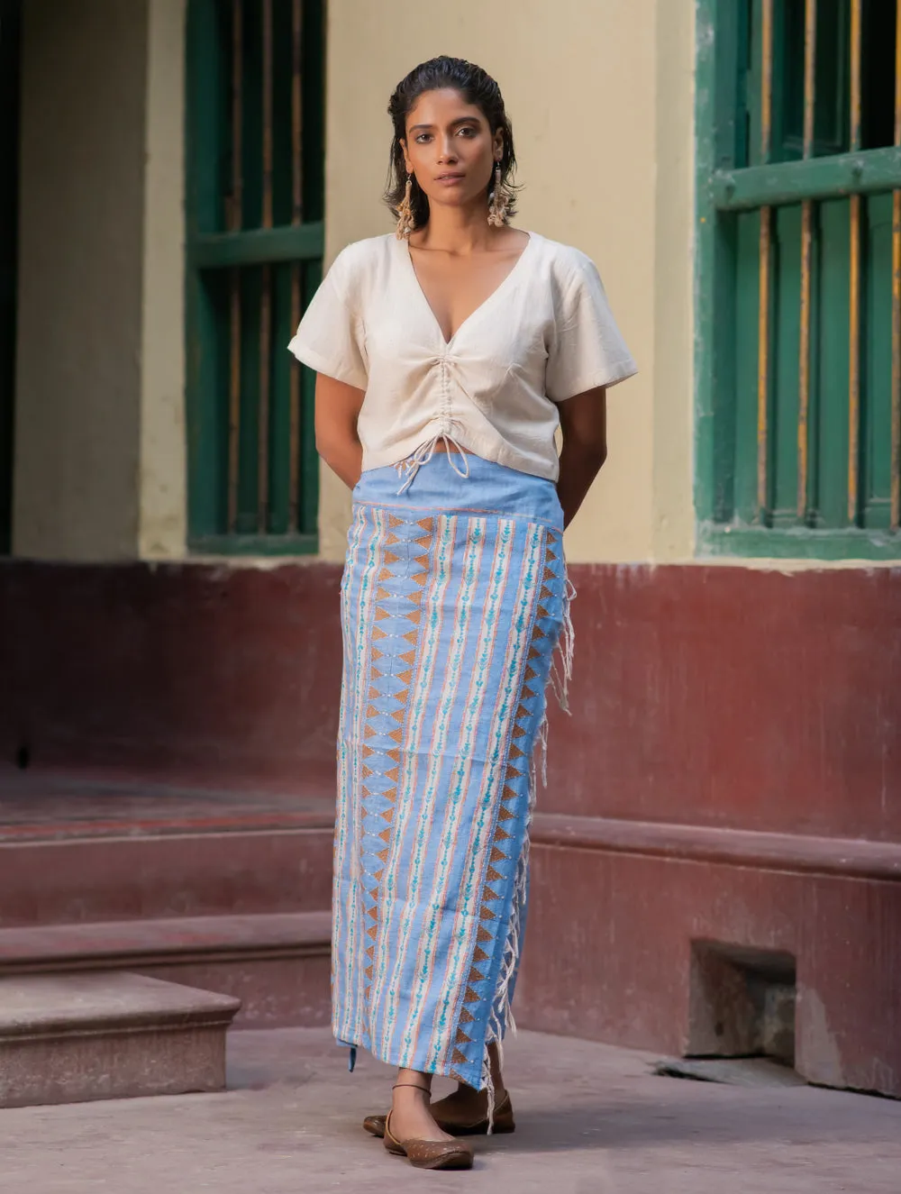Handwoven Khesh & Kantha Embroidered Cotton Wrap Skirt - Powder Blue