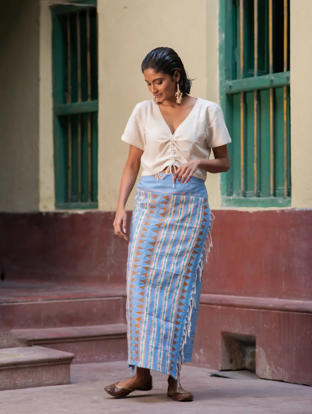 Handwoven Khesh & Kantha Embroidered Cotton Wrap Skirt - Powder Blue