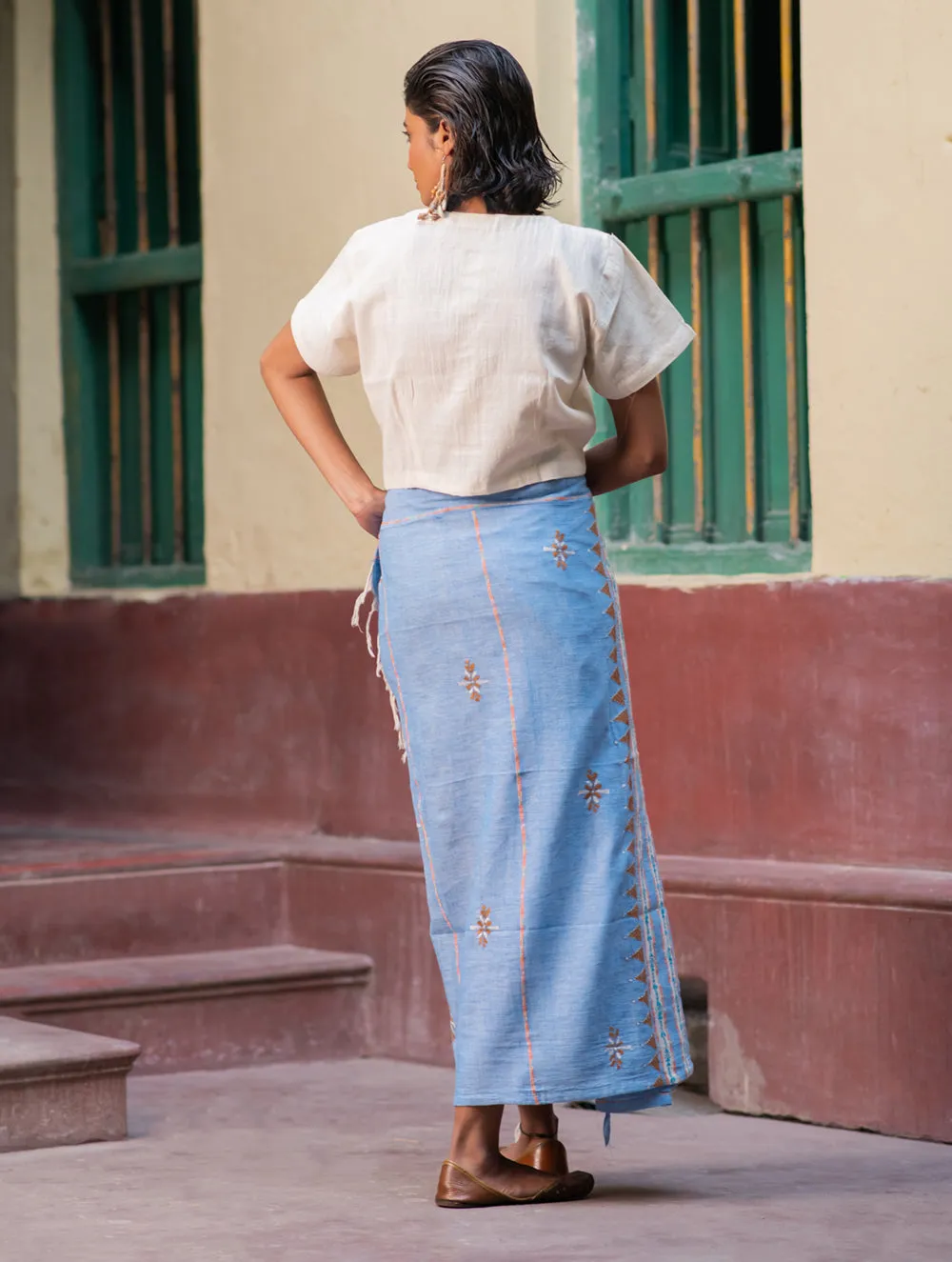 Handwoven Khesh & Kantha Embroidered Cotton Wrap Skirt - Powder Blue