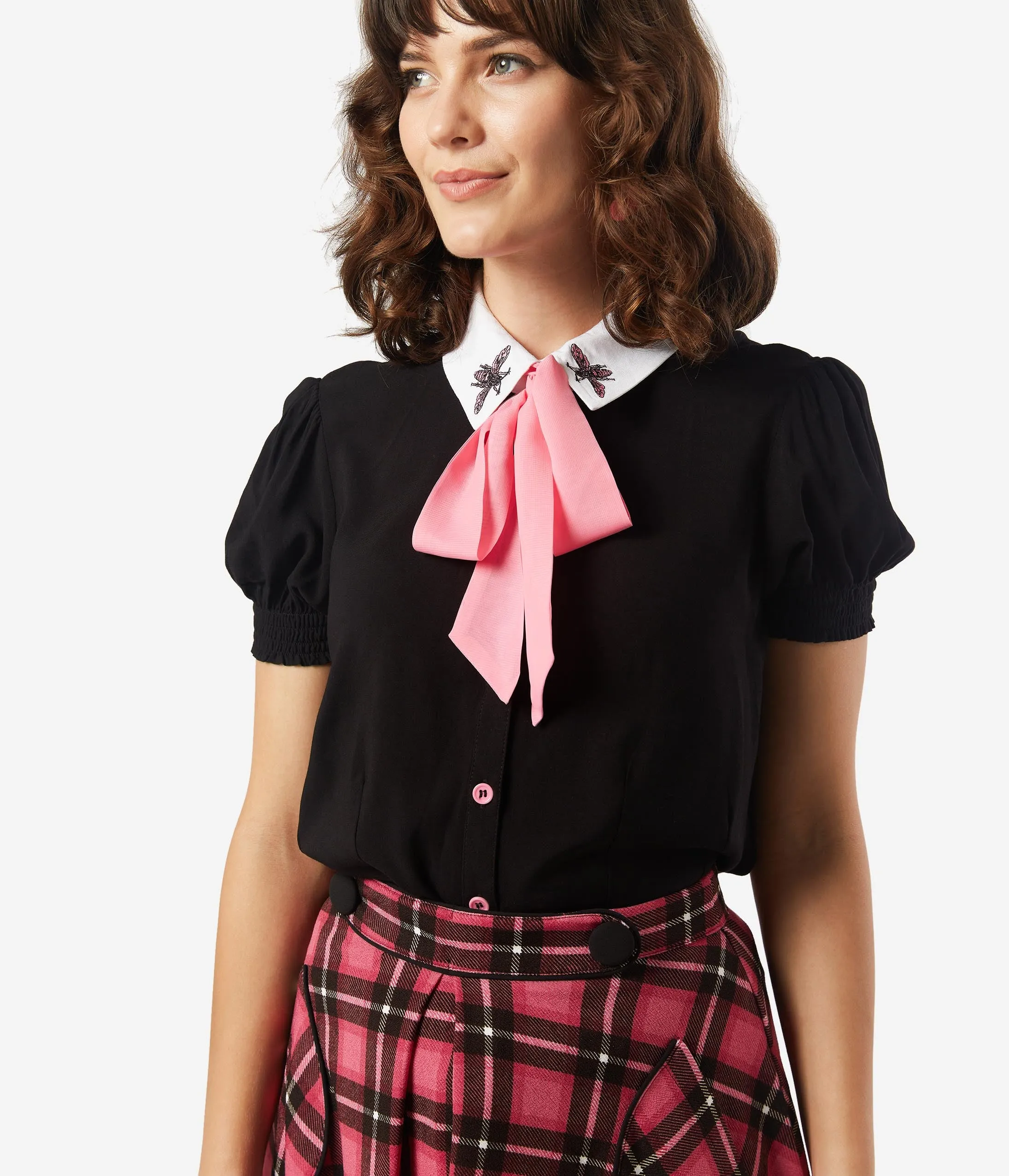 Hell Bunny Black & Pink Bow Tie Bee Buzz Blouse