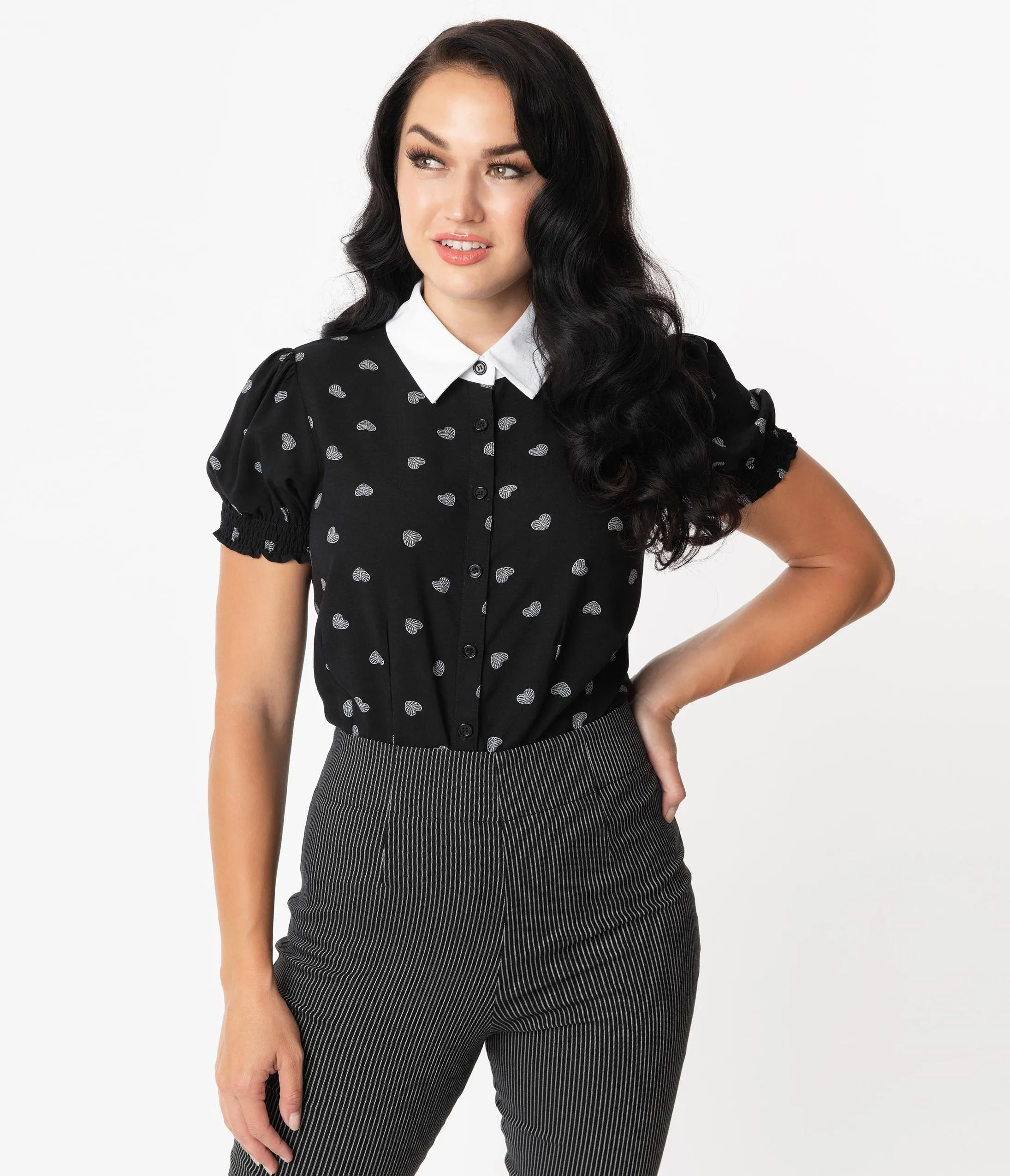 Hell Bunny Black & White Ribcage Heart Print Blouse
