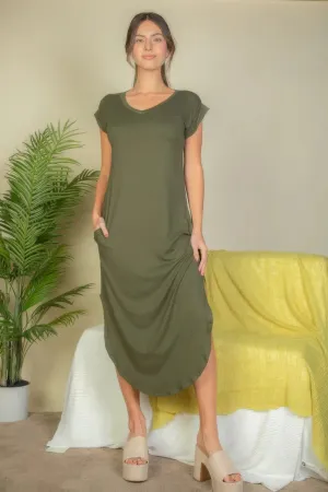Hidden Pocket Batwing Sleeve V Neck Long Dress V neck dress