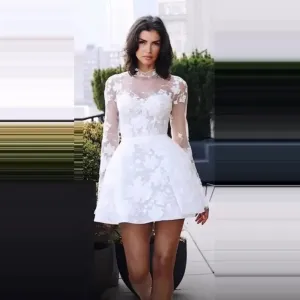 High Neck Mini Wedding Dress Long Sleeve Bridal Gown Illusion Robe De Mariée Lace Applique Tull Bride Party Dress