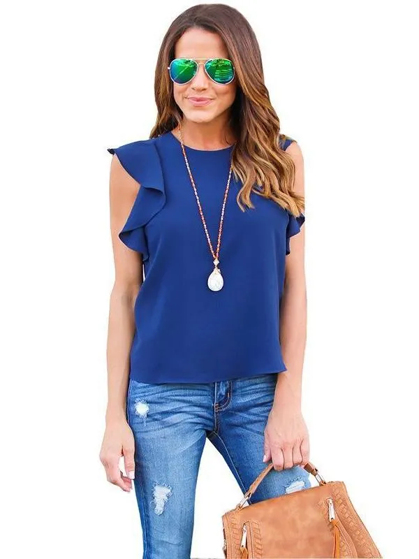 High quality Casual Round Collar Lotus Leaf Sleeves