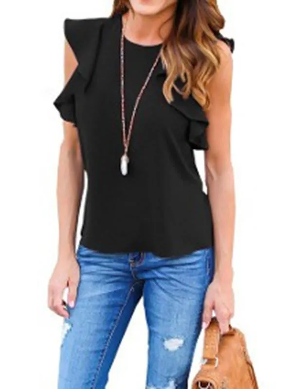 High quality Casual Round Collar Lotus Leaf Sleeves