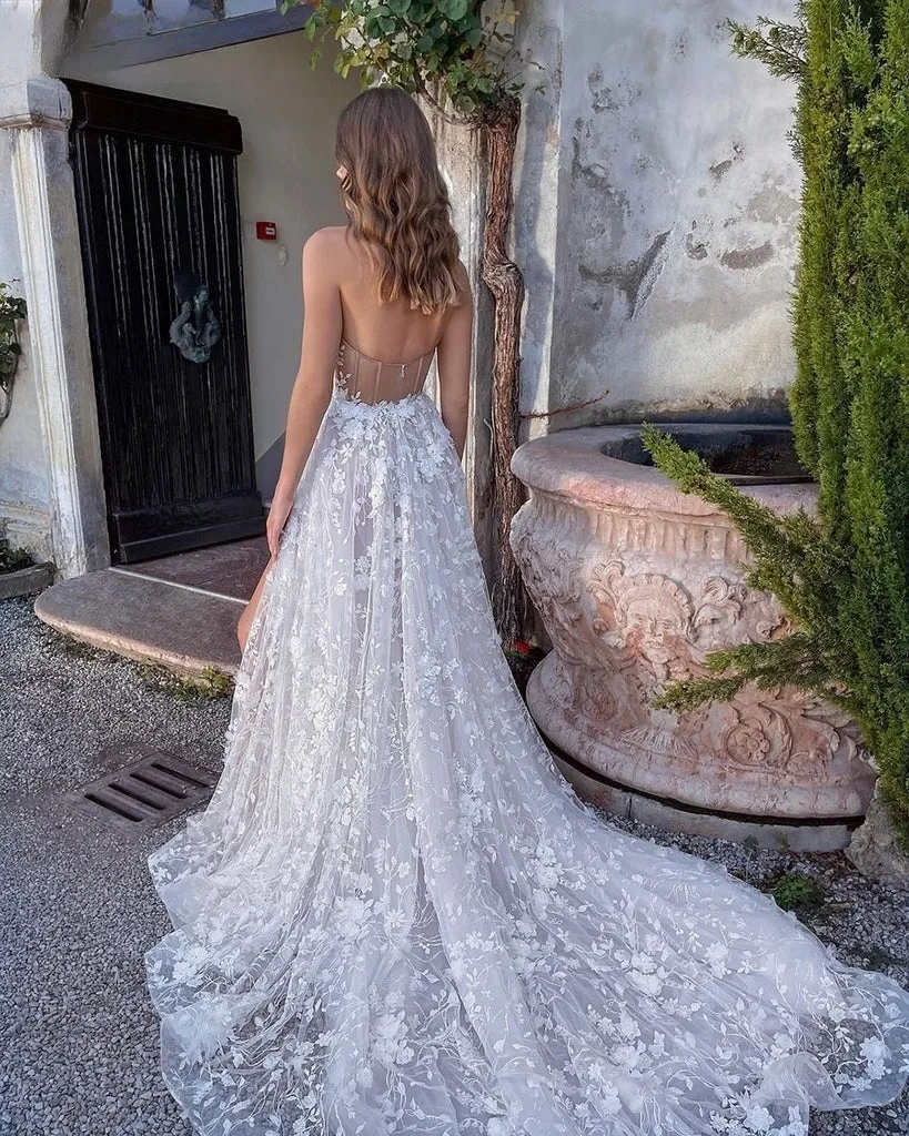 High Side Split Boho Wedding Dresses A-Line Sweetheart Appliques Lace 3D Flowers Wedding Gowns Bohemia Bridal Dress