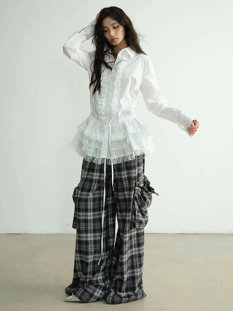 High-Waisted Plaid Trousers with Chic Drawstring Details